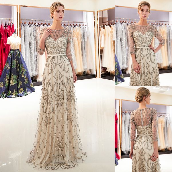 

2019 3/4 long sleeves prom dresses luxury beaded ribbon sheer neck a line floor length tulle formal evening occasion wear cps1181, Black;red