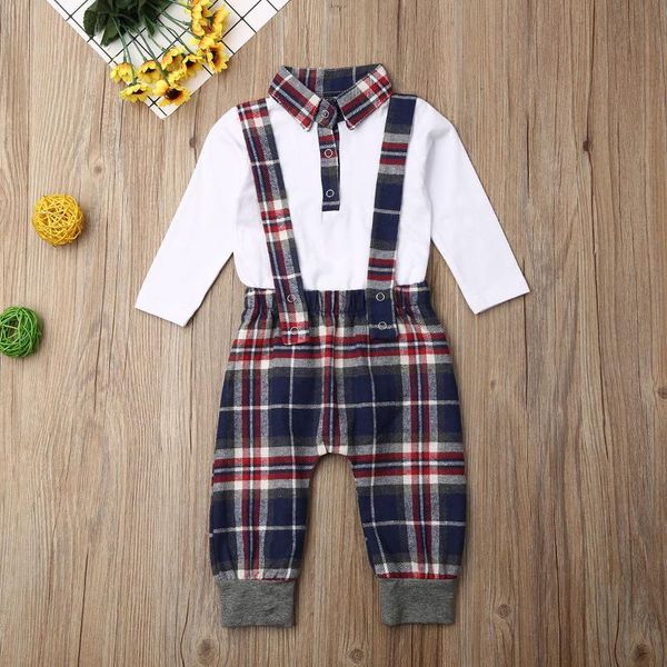 

2020 new маленького gentle новорожденного мальчика набор одежды шея длинного рукав плед ремень брюки одежда набор для детей, White