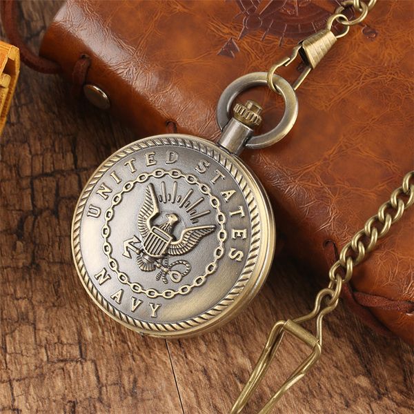 

bronze usn design fob quartz pocket watch with pocket chain cool steampunk full pendant watch for men women dropship item, Slivery;golden