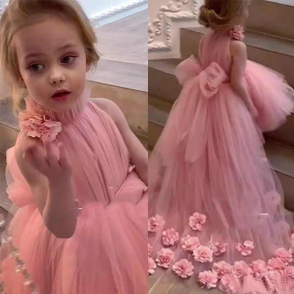 

2020 winter high neck lovely pink tulle flower girls dresses for weddings sleeves sweep train 3d floral applique girls pageant gowns, White;blue