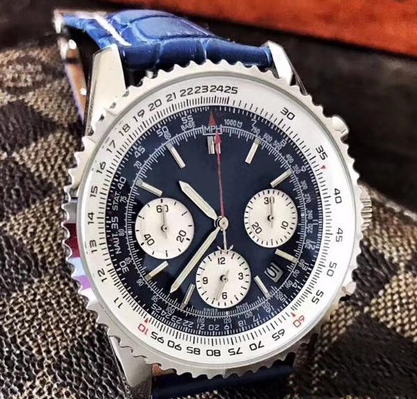 

quality watch quartz chronograph movement blue dial 316l blue leather strap sapphire original strap male quality sports, Slivery;brown