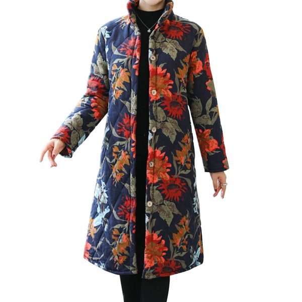 

over knee daily thicken women coat autumn winter shopping long sleeve stand collar soft floral printed button ethnic warm casual, Black