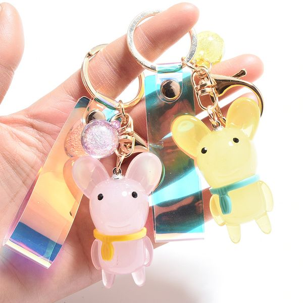 

new cute cartoon mouse colored acrylic pig pendant keychain for women girl key chain ring bag holder gift, Silver