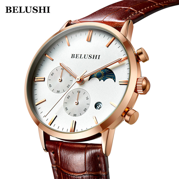 

belushi men's brand multifunction waterproof quartz watch casual fashion leather band sports watch, Slivery;brown