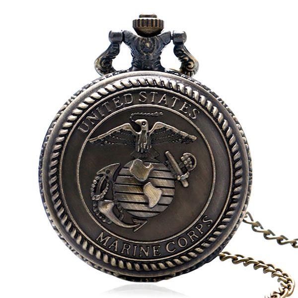 

retro bronze u.s. marine corps pocket watch men women quartz analog watches necklace chain clock gift reloj de bolsillo, Slivery;golden