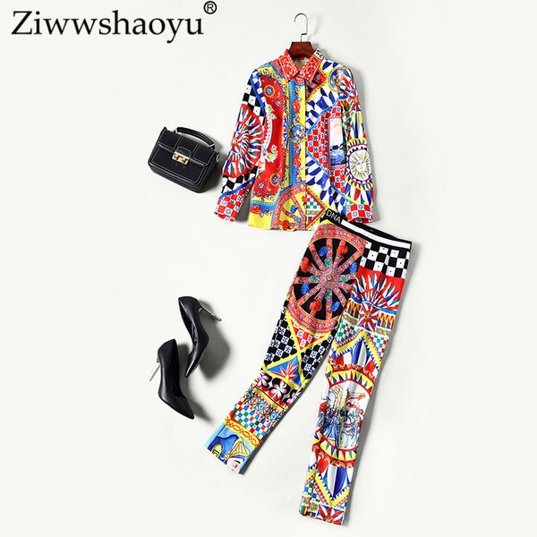 

europe and the united states 2018 autumn runway new two-piece indie folk turn-down collar print shirt trousers two-piece suit, Gray