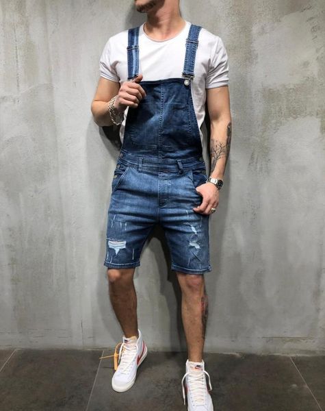 

мужская мода рваные джинсы комбинезоны шорты летняя мода улица проблемные джинсовые комбинезоны для мужчин подтяжка pants97, Blue