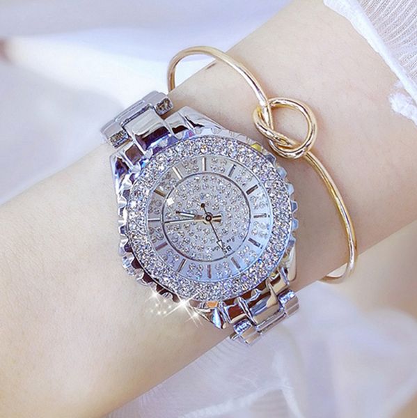 

new selling 2019 fashion chain quality crystal watch for women fashion&casual chronograph hardlex round dial bracelet clasp, Slivery;brown
