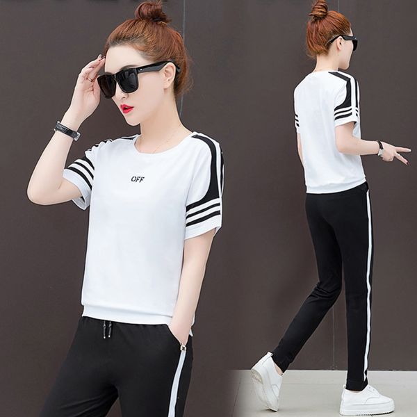 

new arrival 2pcs short sleeve sportswear suits women casual pants set tracksuit, White;black