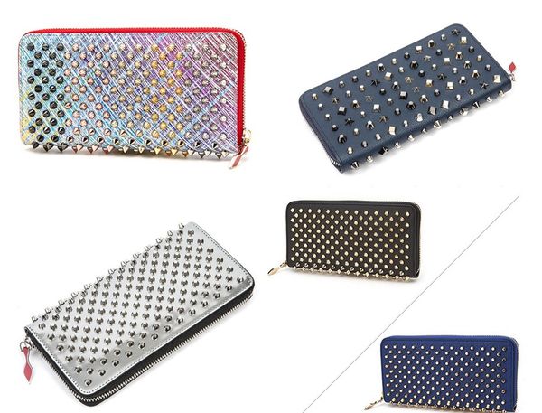 

2019 women and men designer wallet leather zipper long wallet leather clip folder money purse rivets wallets purse, Red;black