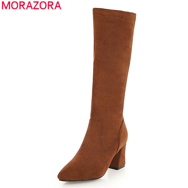 

morazora 2020 big size 34-43 winter knee high boots fashion pointed toe high heels boots solid color flock women, Black