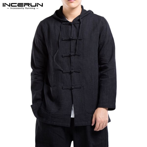 

men's casual shirts incerun vintage shirt men long sleeve cotton hooded solid streetwear button hanfu chinese style 2021 3xl, White;black