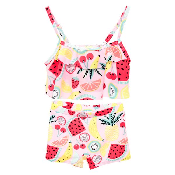 

swimsuit 2020 brand toddler kid baby girl fruit ruffle sing swimwear swimsuit bathing halter sleeveless +shorts clothes set, White