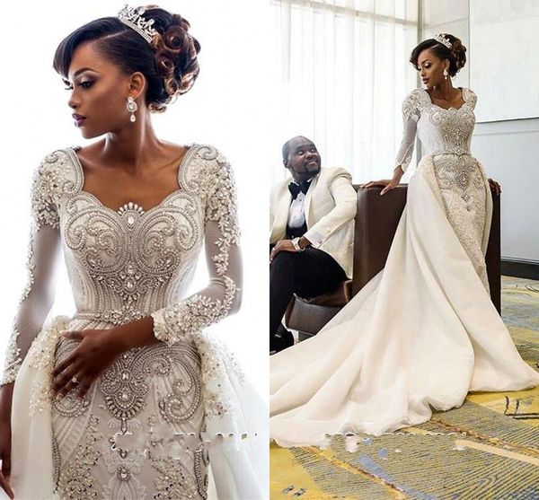 

Gorgeou long leeve cry tal bead bridal gown 2019 mermaid wedding dre e with detachable over kirt lace bridal gown cu tom made bc0543