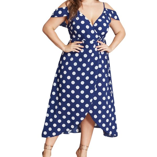 

jaycosin clothes dress women plus size print v-neck blue polka dot ladies summer knee-length vintage cute dress, Black;gray