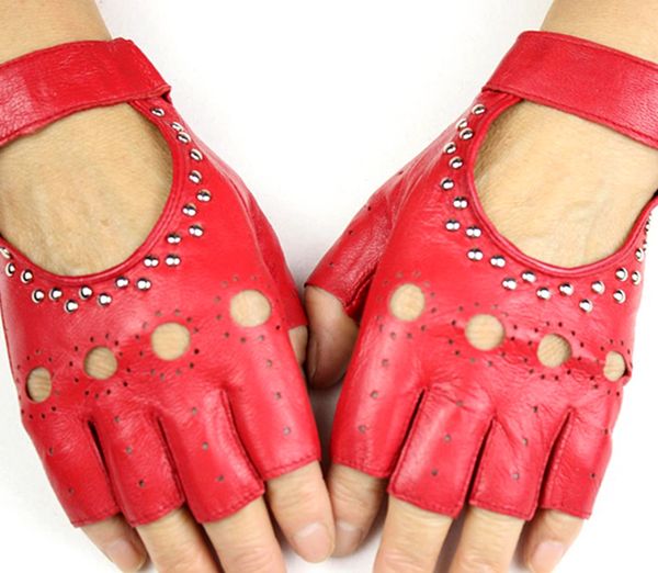 

ladies half finger leather gloves fashion hollow rivet style thin outdoor sports driving riding sheepskin gloves, Blue;gray