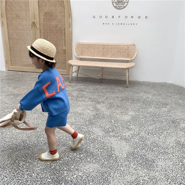 

осень 2020 новый корейский ребенок девочка вышитые шерсти пальто и юбки два кусок наборы дети вязаные пальто, White