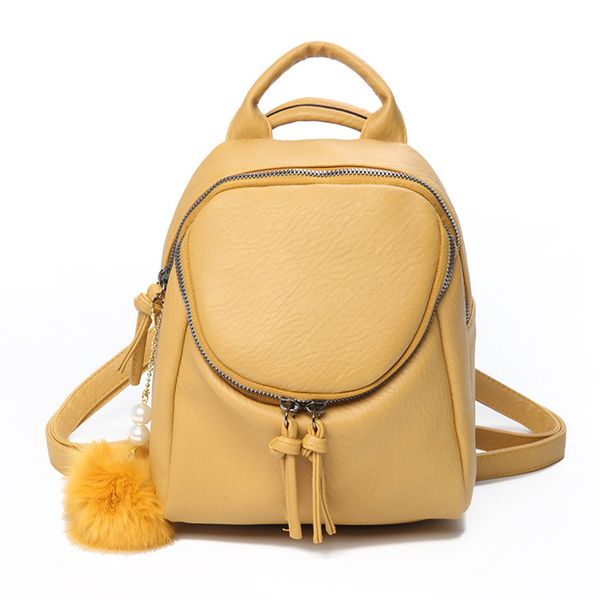 

women backpack leisure ladies pu leather bagpack small youth travel bag yellow with fur ball waterproof bags solid color