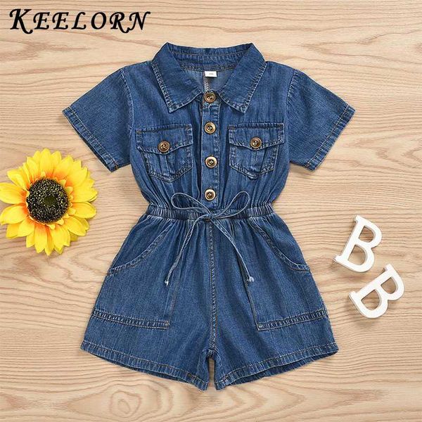 

keelorn new fashion 2020 toddler kids girls rompers outfit playsuit short sleeve blue denim jumpsuit romper summer clothes, White
