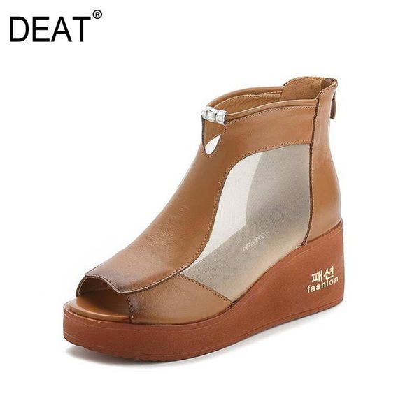 

deat] 2020 round toe mesh pu leather single shoes women wedges heels short cool boots new spring summer fashion tide 10g105, Black