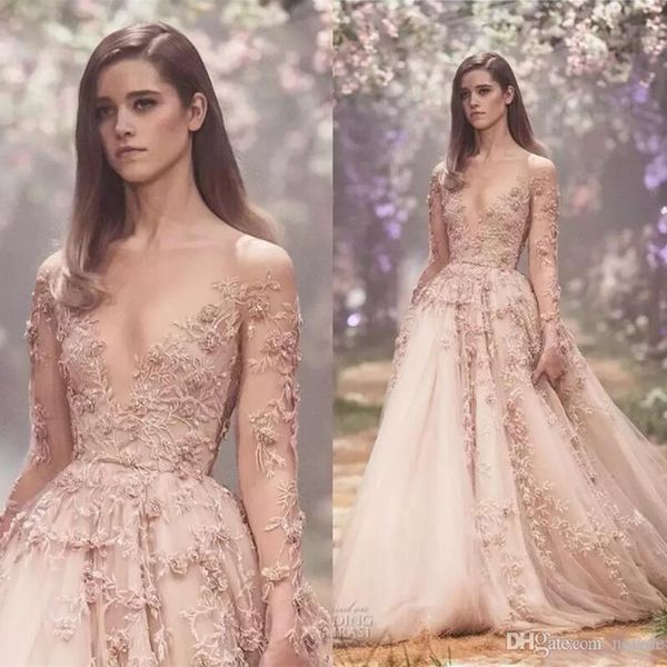 

paolo sebastian 2020 prom dresses blush 3d floral long sleeve evening gowns lace appliques princess puffy skirt special occasion dress, Black