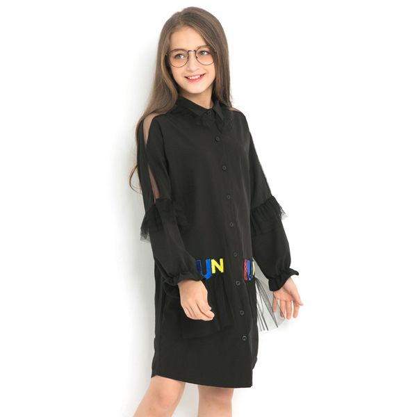 

2019 modis girls blouse black shirts long section sequins lace teen children spring shirt dress for kids teenage girl 12 14, White;black