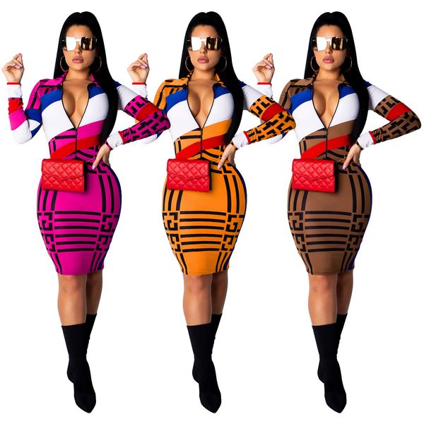 

нагрудные шеи zipper щитовой печати женщин конструктора платье лето длинного рукав sexy платье-футляр мода h cl дамы платья, Black;gray