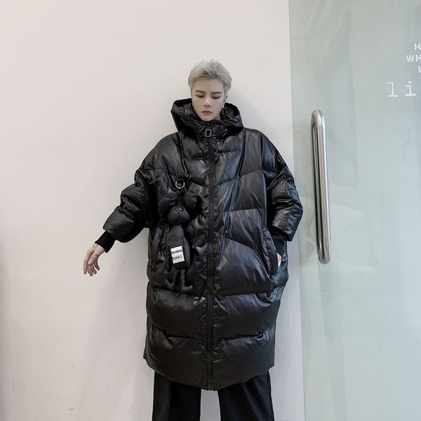 

men winter black toy pendant hooded long cotton padded jacket parka male women streetwear gothic loose overcoat outerwear