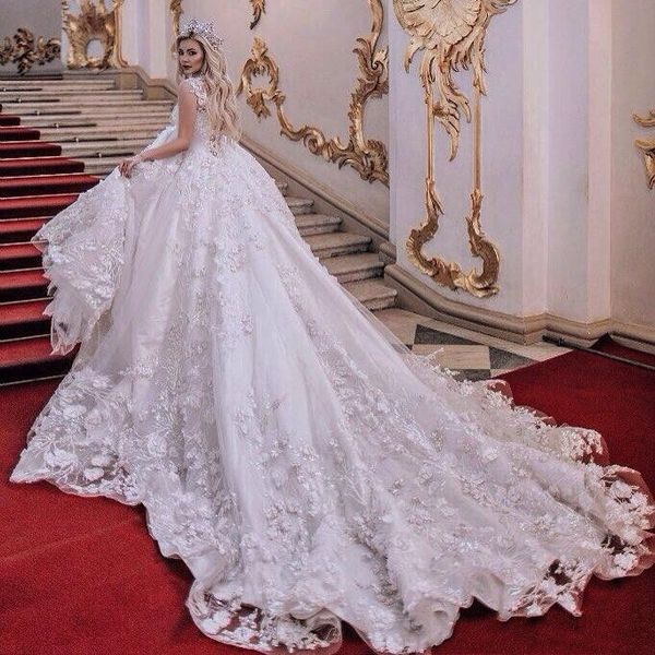 

luxury cathedral train princess wedding dresses saudi arabia vestido de noiva 3d flower lace casamento royal crystal bridal wedding gown, White