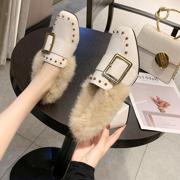 

high-heeled shoes lady med slippers casual winter footwear platform slipers women fur flip flops heels luxury 2019 square plush, Black