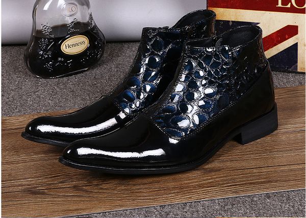 

sequins blue short boots business casual men's shoes personality trend leather botines de hombre, Black