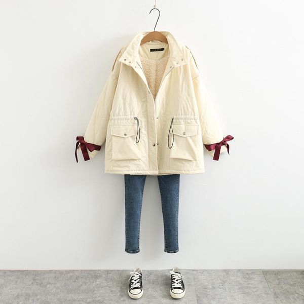 

mooirue 2019 winter parka women with bow casual korean overcoat harajuku streetwear wool liner thicken jackets plus size coat, Black