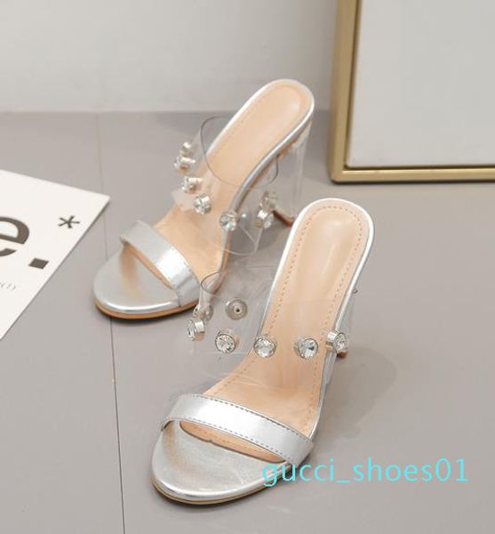 

luxury women designer slides silver rhinestone crystal shoes bride wedding shoes clear heels summer sandal size 35 to 40 g01, Black