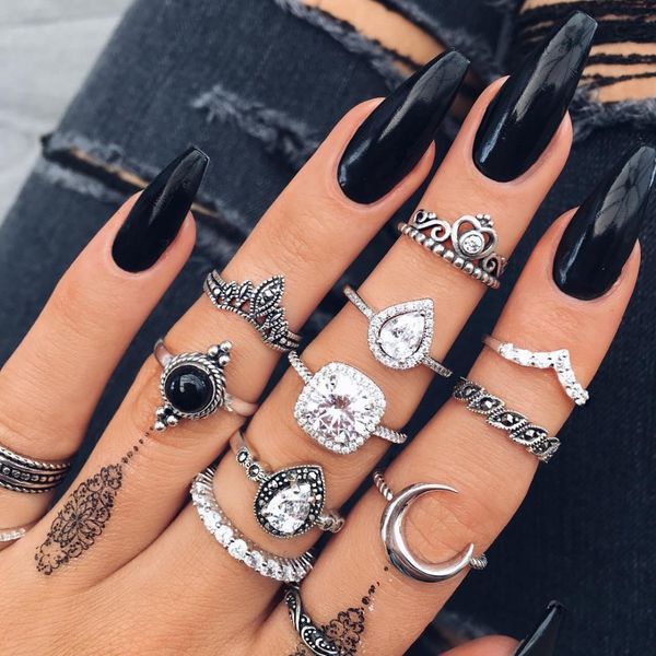 

10 pcs/set bohemian retro gem crown crystal moon heart waves geometric silver ring set women party jewelry gifts, Slivery;golden
