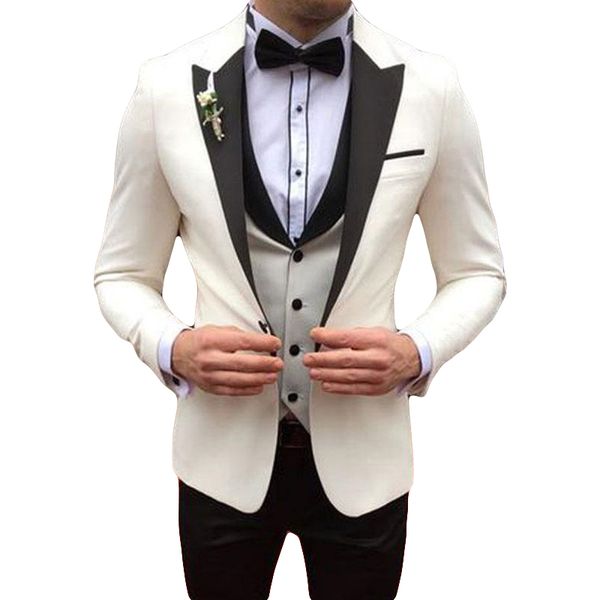 

italian ivory men suits for wedding groom wedding tuxedos slim fit male business blazer peaked lapel 3 piece coat pant vest, White;black