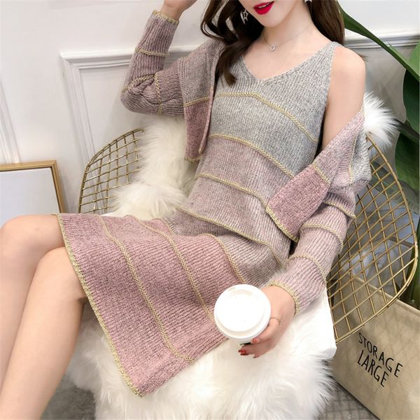 

gowyimmes autumn two piece women knitted sweater + vest lady long sleeve sweaters female knitted sweater winter bottomings pd492, White;black