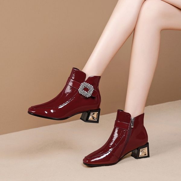 

mljuese 2020 women soft ankle boots cow leather crystal winter short plush square toe high heel boots women size 42, Black