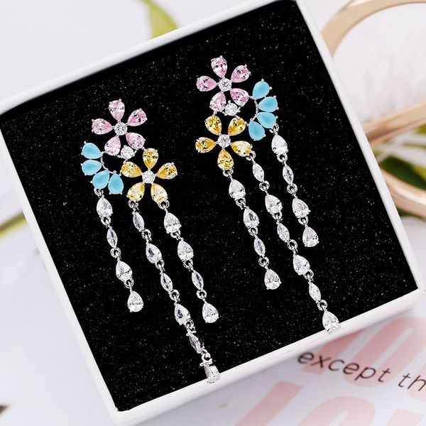 

fashion- flower tassel earrings 2019 new fashion designer jewelry women wedding s925 crystal long earring cz stone ear studs, Silver