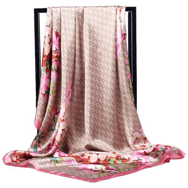 

silk head scarf women print foulard satin square head hijab scarfs for ladies brand shawls 90*90 silk scarf muslim hijab, Blue;gray