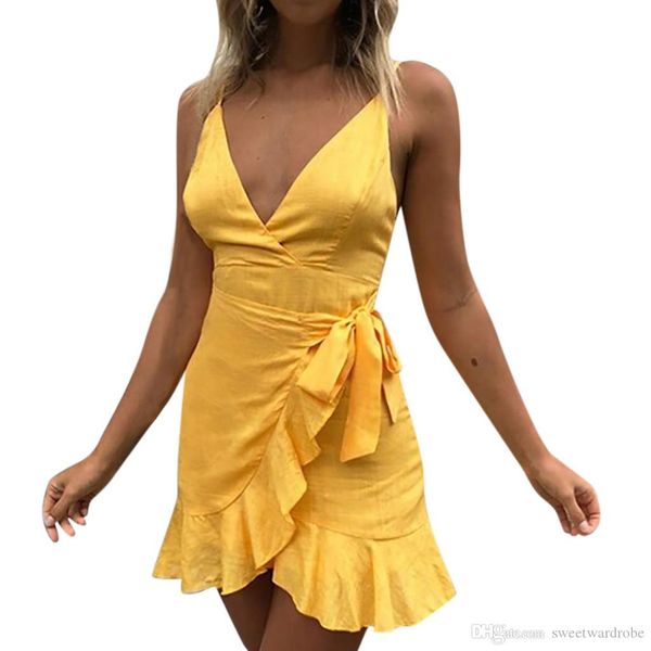 

womens holiday summer dress lace up ladies summer v-neck backless beach party dress women fashion mini party dresses yellow, Black;gray