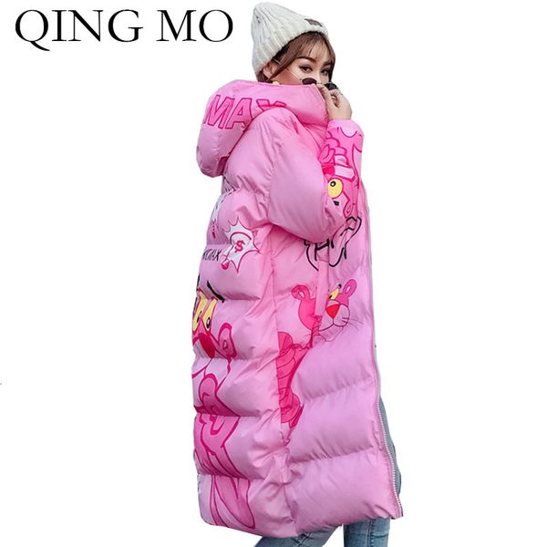 

qing mo pink panther women parkas 2019 winter women hooded parkas streetwear loose cotton padded coat lovely zqy2219, Black