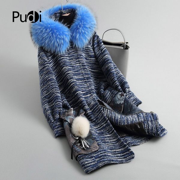

women's fur & faux pudi a18047 winter warm genuine wool with raccoon collar hood coat lady long jacket overcoat, Black