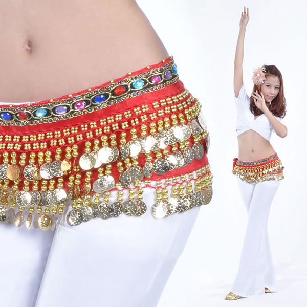 

ladies girls' belly dance belt hip scarf with gold coins dangle bling stage dancer clothes sequined dresses, Black;red