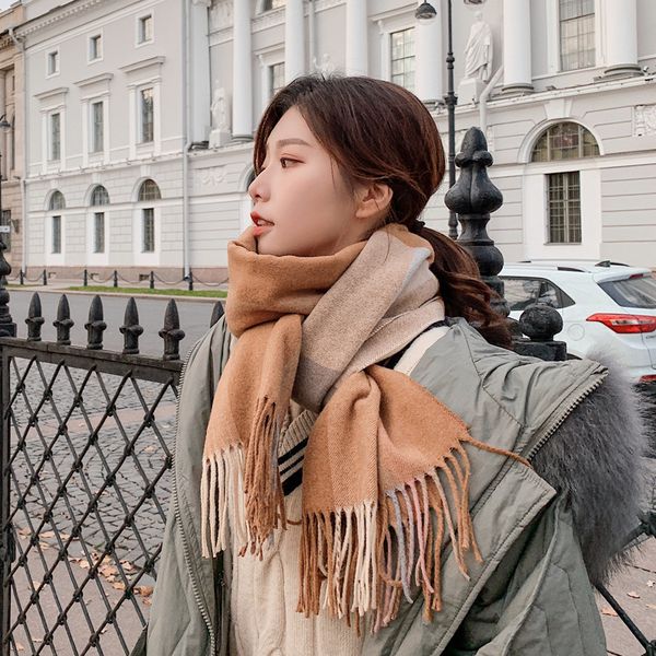 

autumn and winter new classic plaid wool ladies scarf lengthened warmth thickened l women's girls ladies scarf wool scarf shawl, Blue;gray