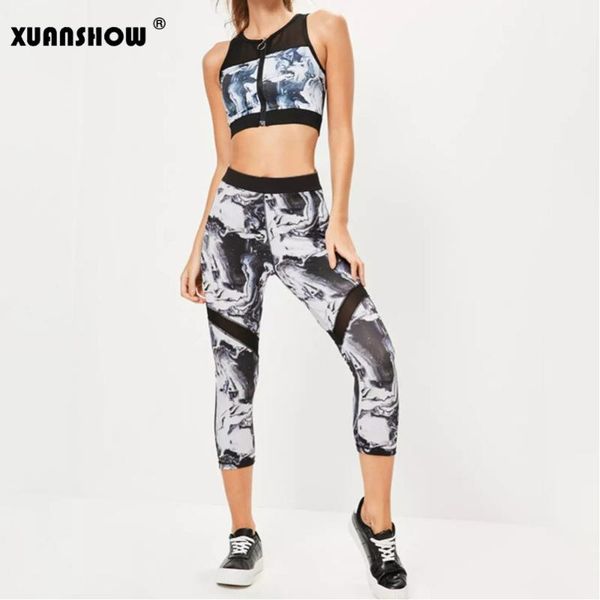 

2 piece set women zipper vest tight pants tracksuits mesh patchwork women's outfits ink painting fitness suits, White
