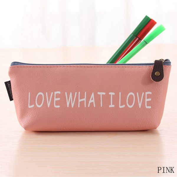 

1pc classical 4 colors waterproof pu leather school stationery pen bag "love what i love " kawaii triangle my pencil case