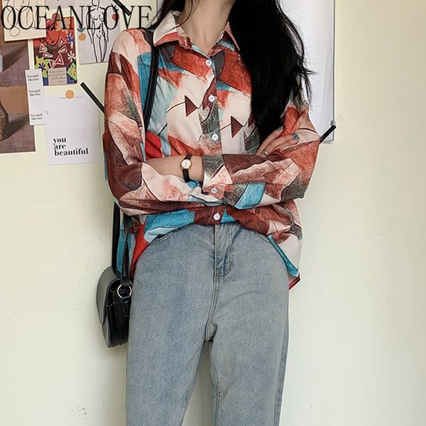 

oceanlove harajuku vintage blouse women geometric korean spring fashion blusas mujer long sleeve 2020 ins chic shirts 15165, White