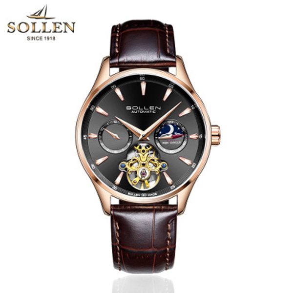 

sollen 2019 men's automatic watch waterproof moon phase multiple time zone mechanical watches men genuine leather wristwatch, Slivery;brown