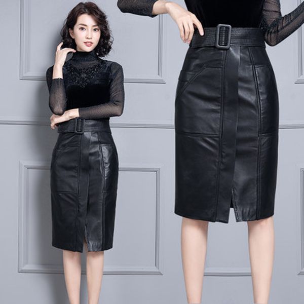 

2019 new fashion genuine sheep real leather skirt k16, Black