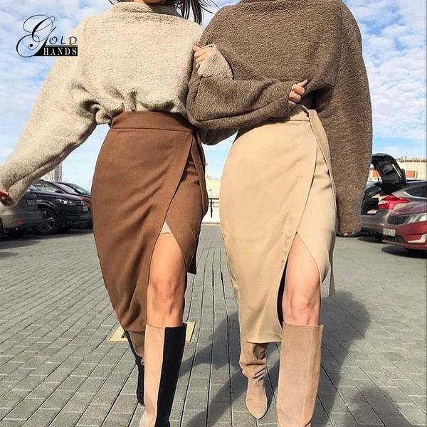 

gold hands khaki suede long skirts women 2019 autumn winter casual wrap skirt lace up high waist midi skirt office lady elegant, Black